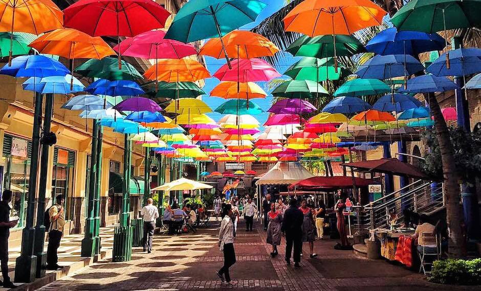 The umbrellas of Port Louis are a beautiful kaleidoscope of colour